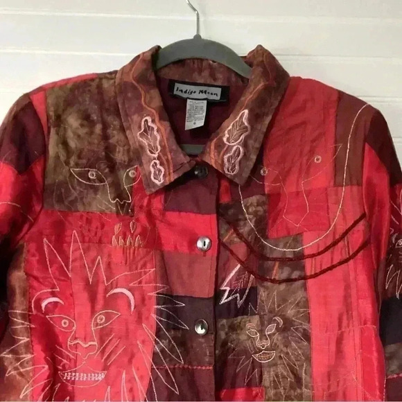 Indigo Moon Patcgwork Lion stitching Ling Sleeve Jacket Size Small Oversized Red - Picture 3 of 16